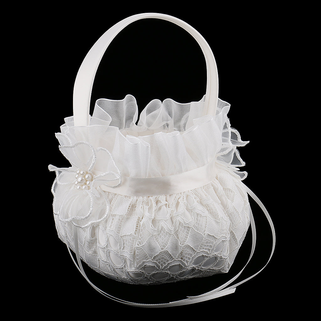 Beige Lace Flower Pearl Satin Ribbon Wedding Ceremony Flower Girl Basket