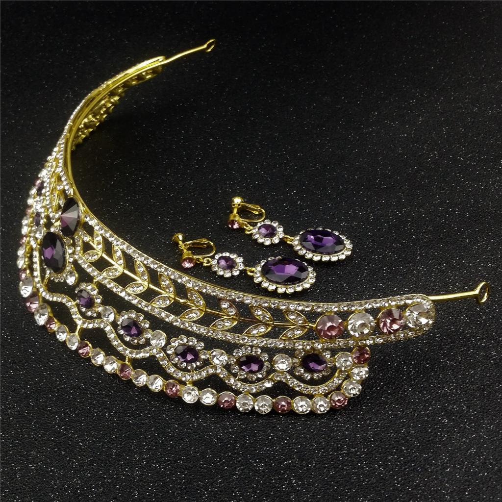 Wedding Diamante Rhinestone Baroque Tiara Crown Earrings Jewelry Set gold