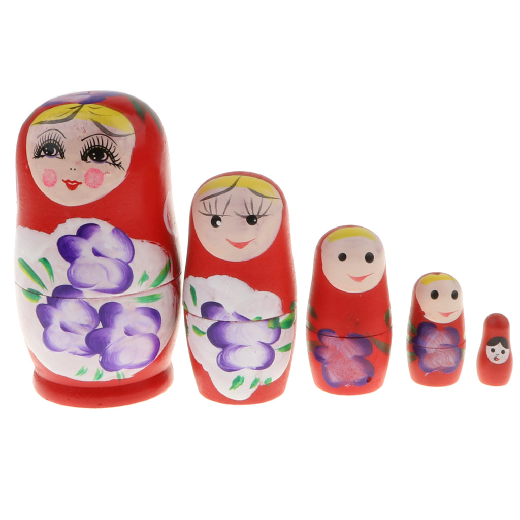 5PCS Russian Nesting Doll Babushka Matryoshka Dolls Hand Painted Red