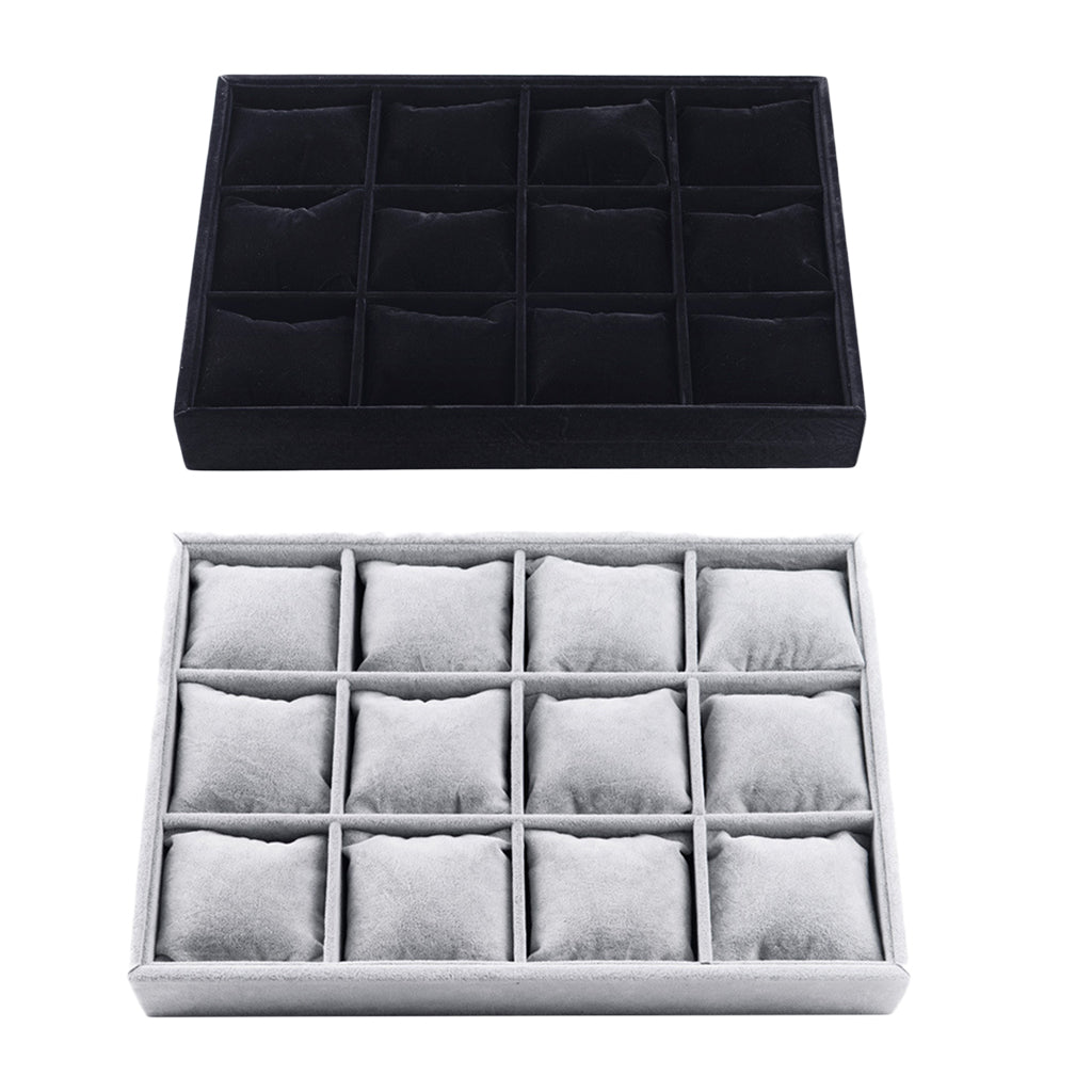 Bangle Velvet Display Tray Watch Showcase 12 Grids Shop Jewelry Holder Gray