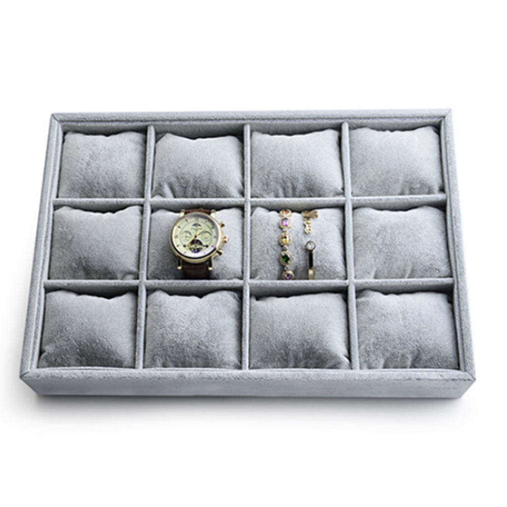 Bangle Velvet Display Tray Watch Showcase 12 Grids Shop Jewelry Holder Gray