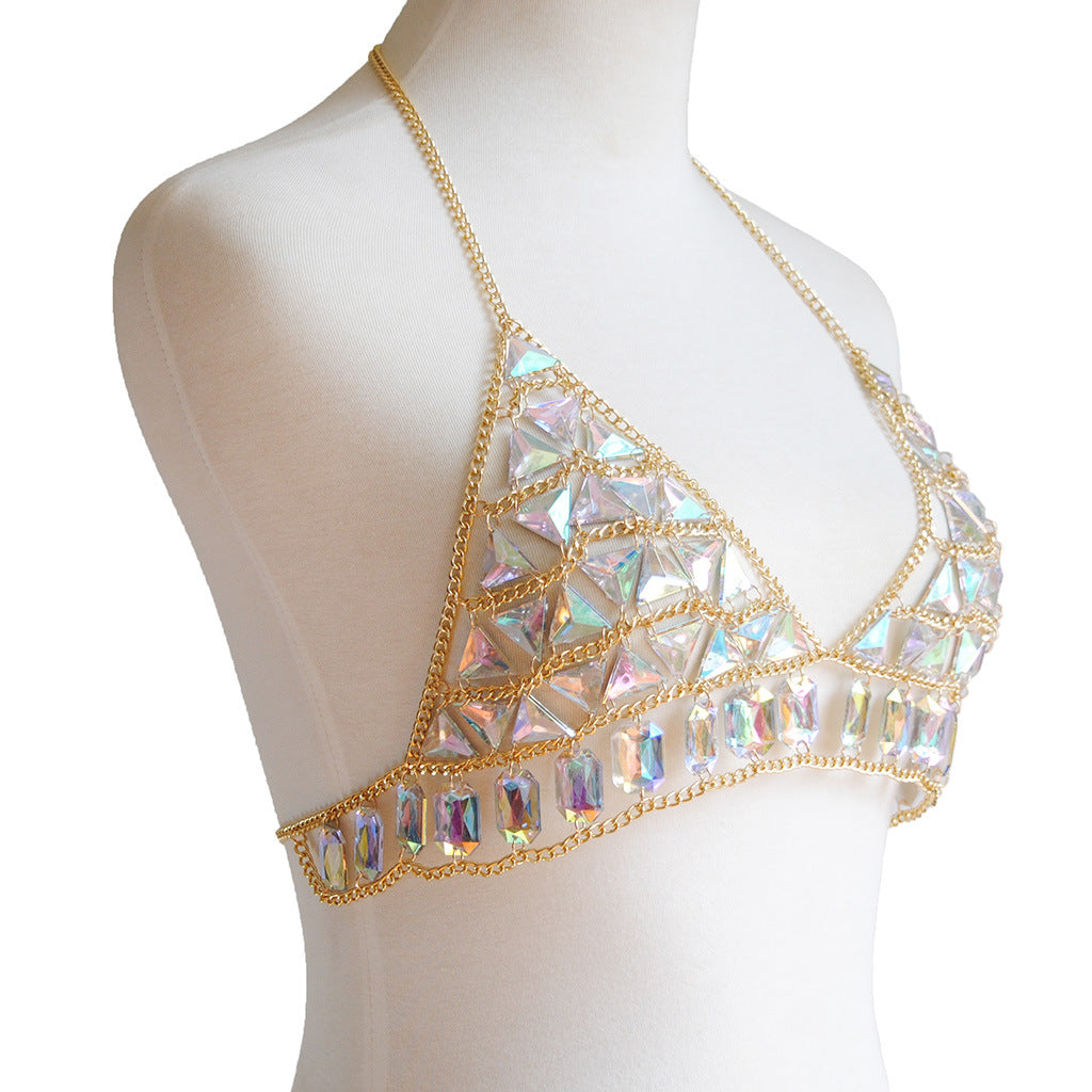 New Women Harness Top Bra Bikini Chainmail Lingerie Chest Body Chain Golden