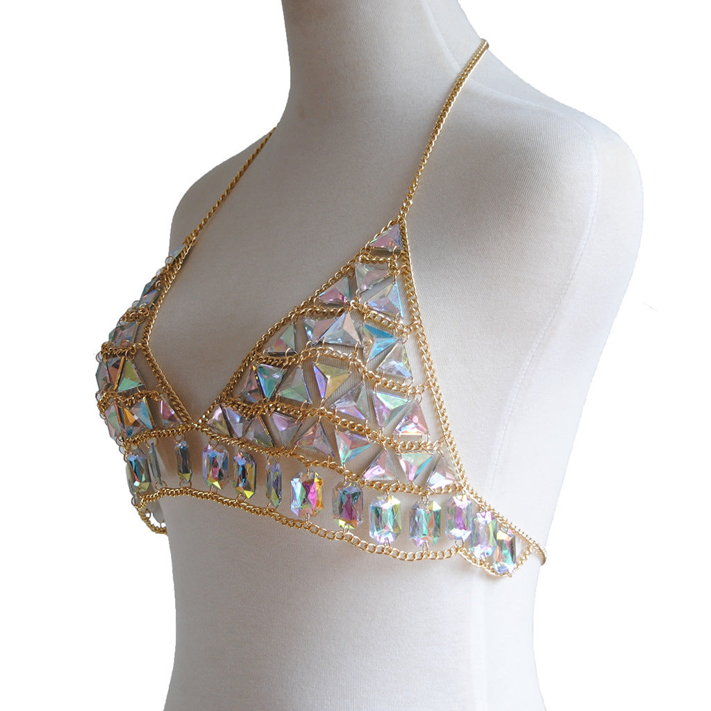 New Women Harness Top Bra Bikini Chainmail Lingerie Chest Body Chain Golden