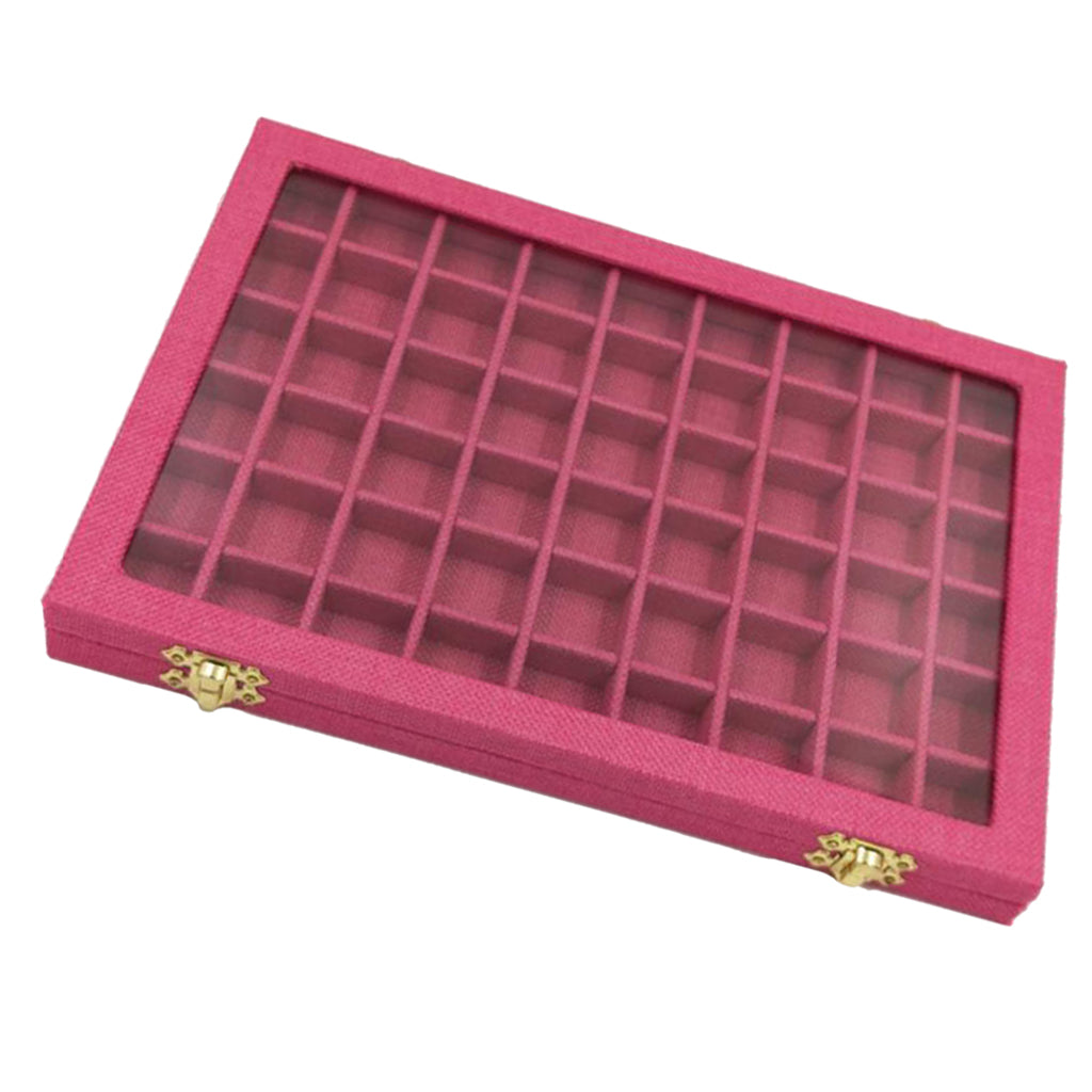 54 Grids Clear Lid Jewelry Tray Showcase Display Storage Linen Case Rose Red