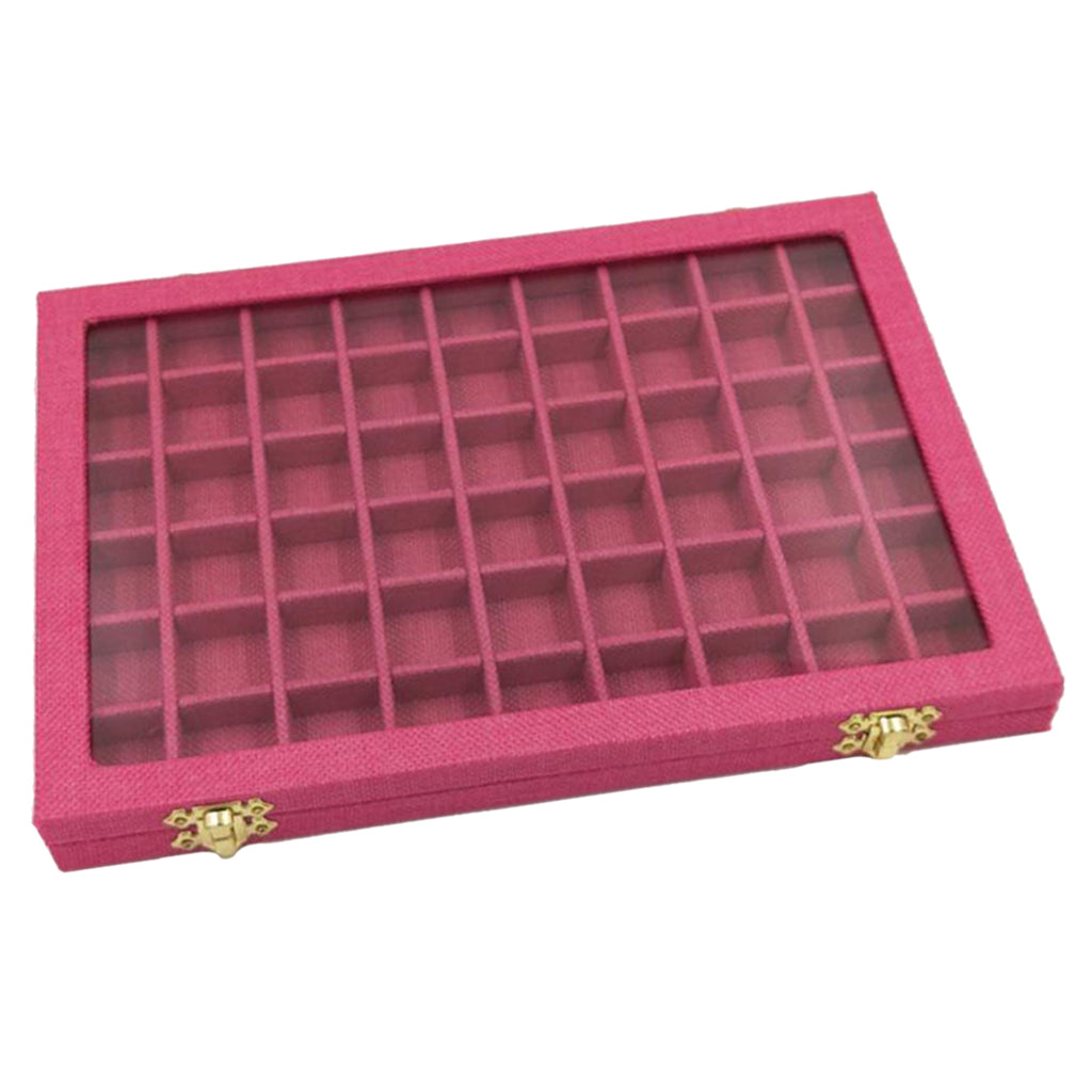 54 Grids Clear Lid Jewelry Tray Showcase Display Storage Linen Case Rose Red