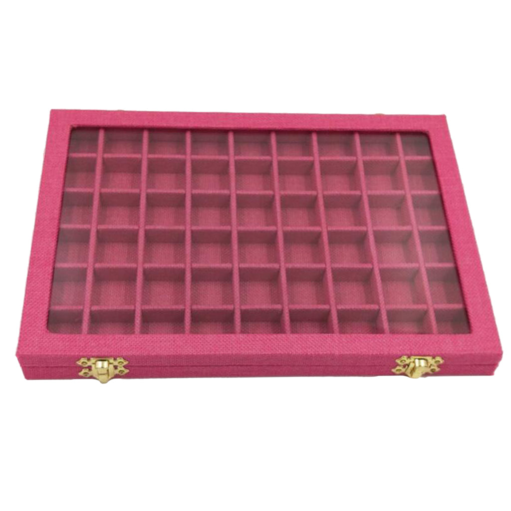 54 Grids Clear Lid Jewelry Tray Showcase Display Storage Linen Case Rose Red