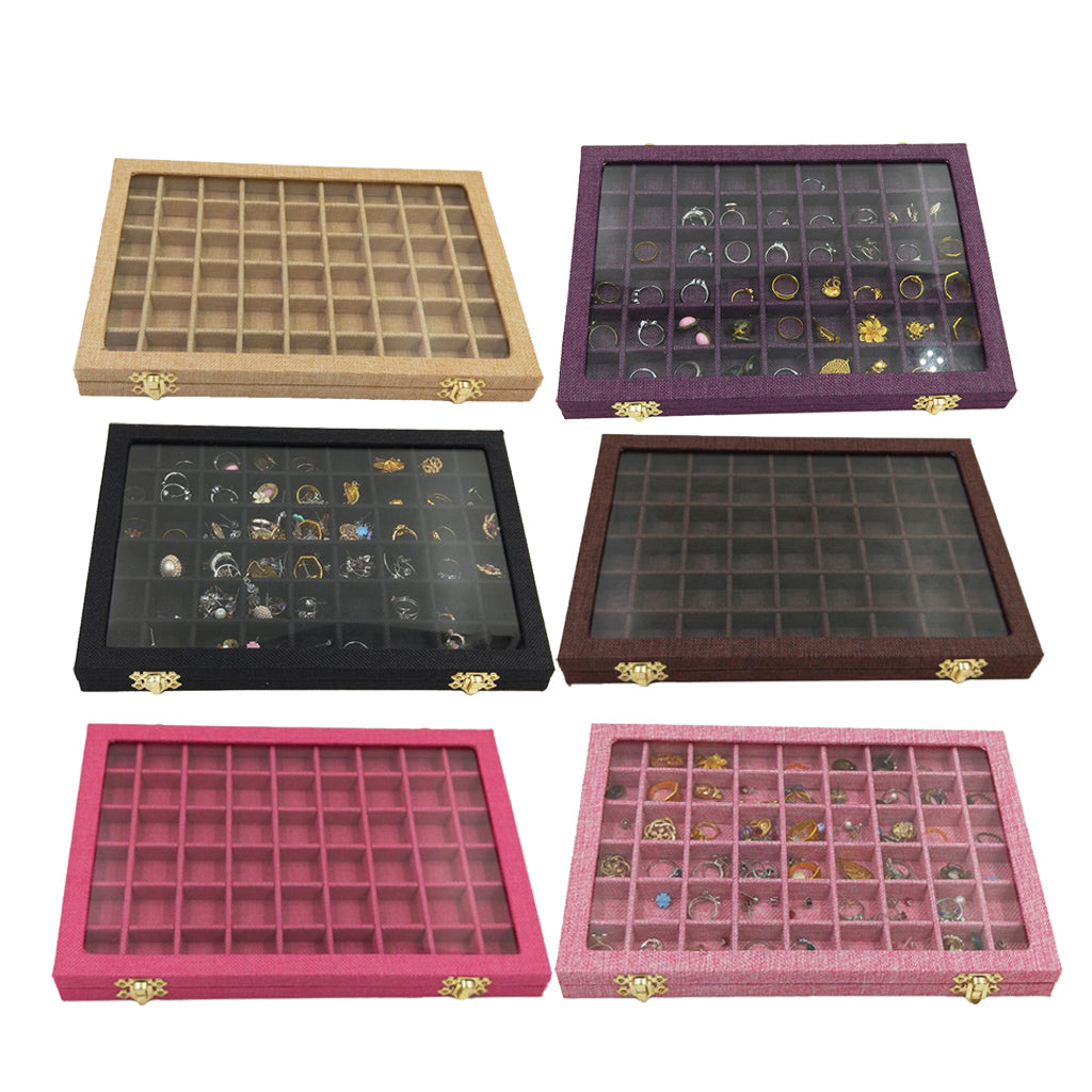 54 Grids Clear Lid Jewelry Tray Showcase Display Storage Linen Case Yellow