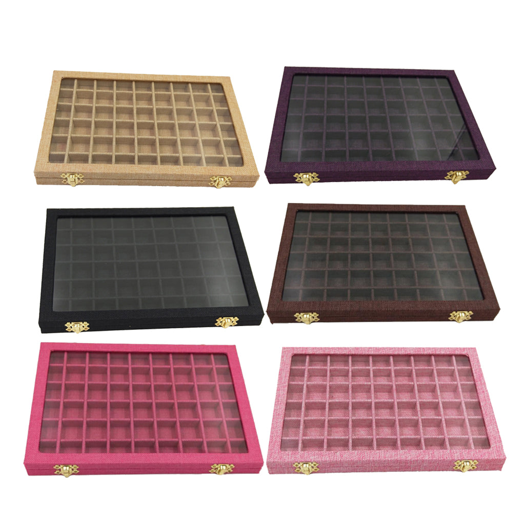 54 Grids Clear Lid Jewelry Tray Showcase Display Storage Linen Case Yellow