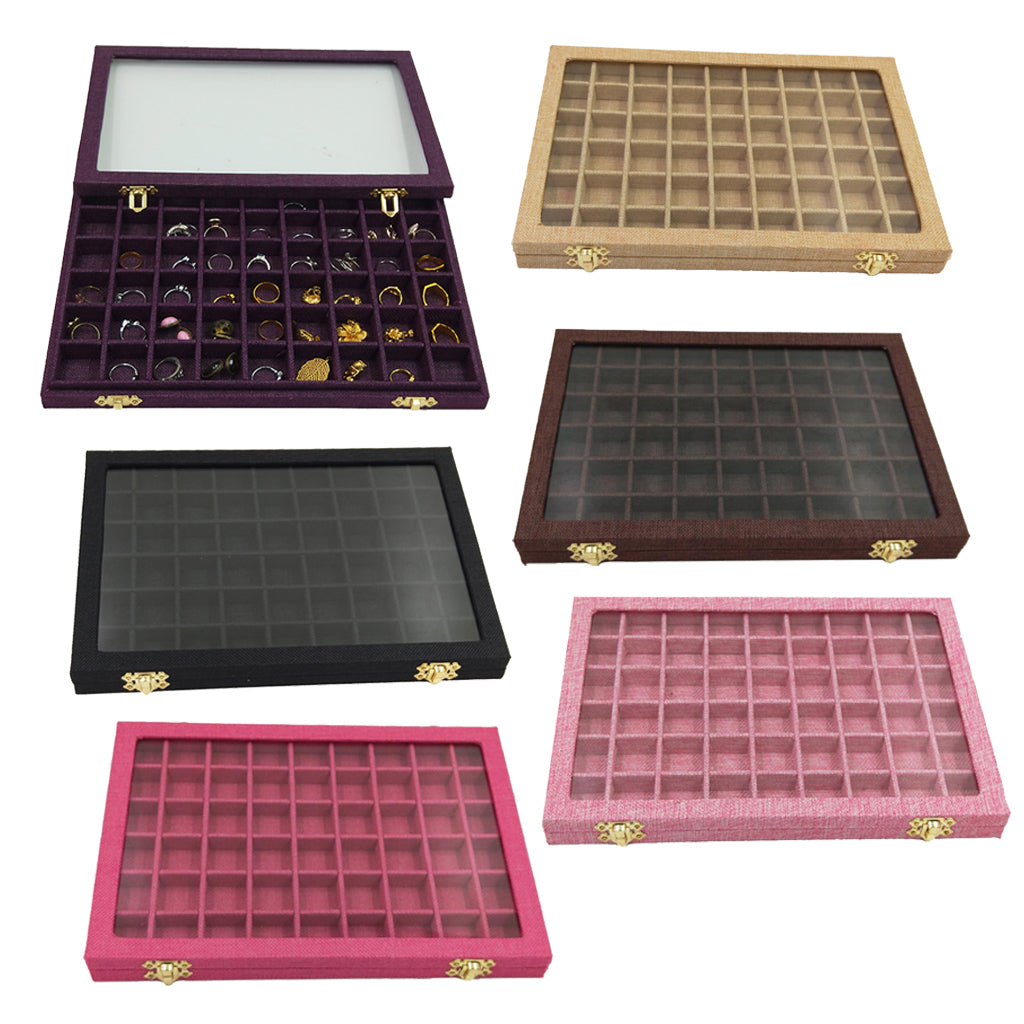 54 Grids Clear Lid Jewelry Tray Showcase Display Storage Linen Case Yellow