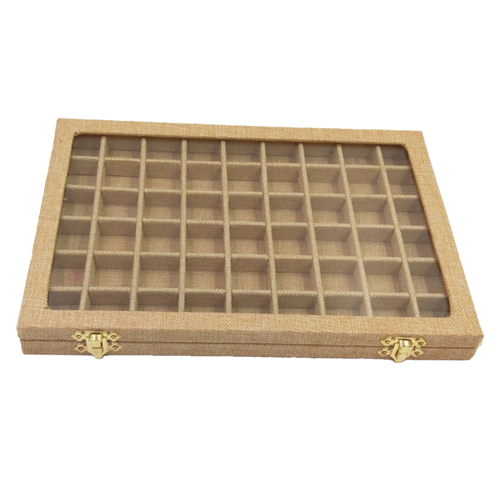 54 Grids Clear Lid Jewelry Tray Showcase Display Storage Linen Case Yellow