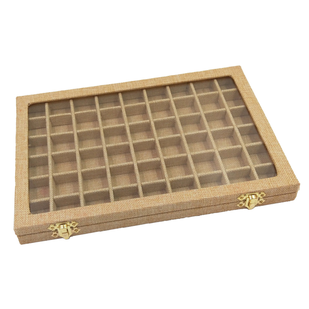 54 Grids Clear Lid Jewelry Tray Showcase Display Storage Linen Case Yellow