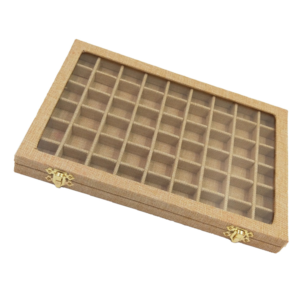 54 Grids Clear Lid Jewelry Tray Showcase Display Storage Linen Case Yellow