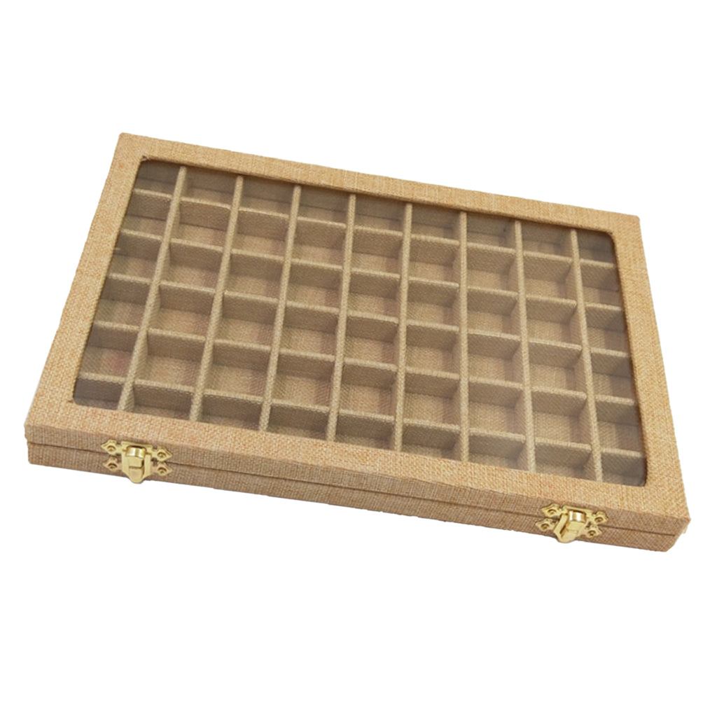 54 Grids Clear Lid Jewelry Tray Showcase Display Storage Linen Case Yellow