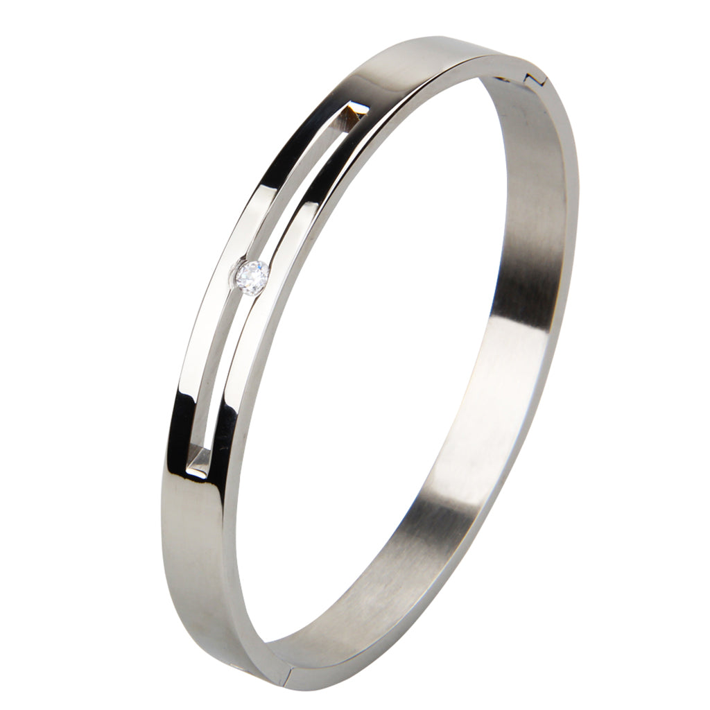 Stainless Steel Couples Bracelet Cuff Bangle Shining CZ Inlaid Silver 8mm