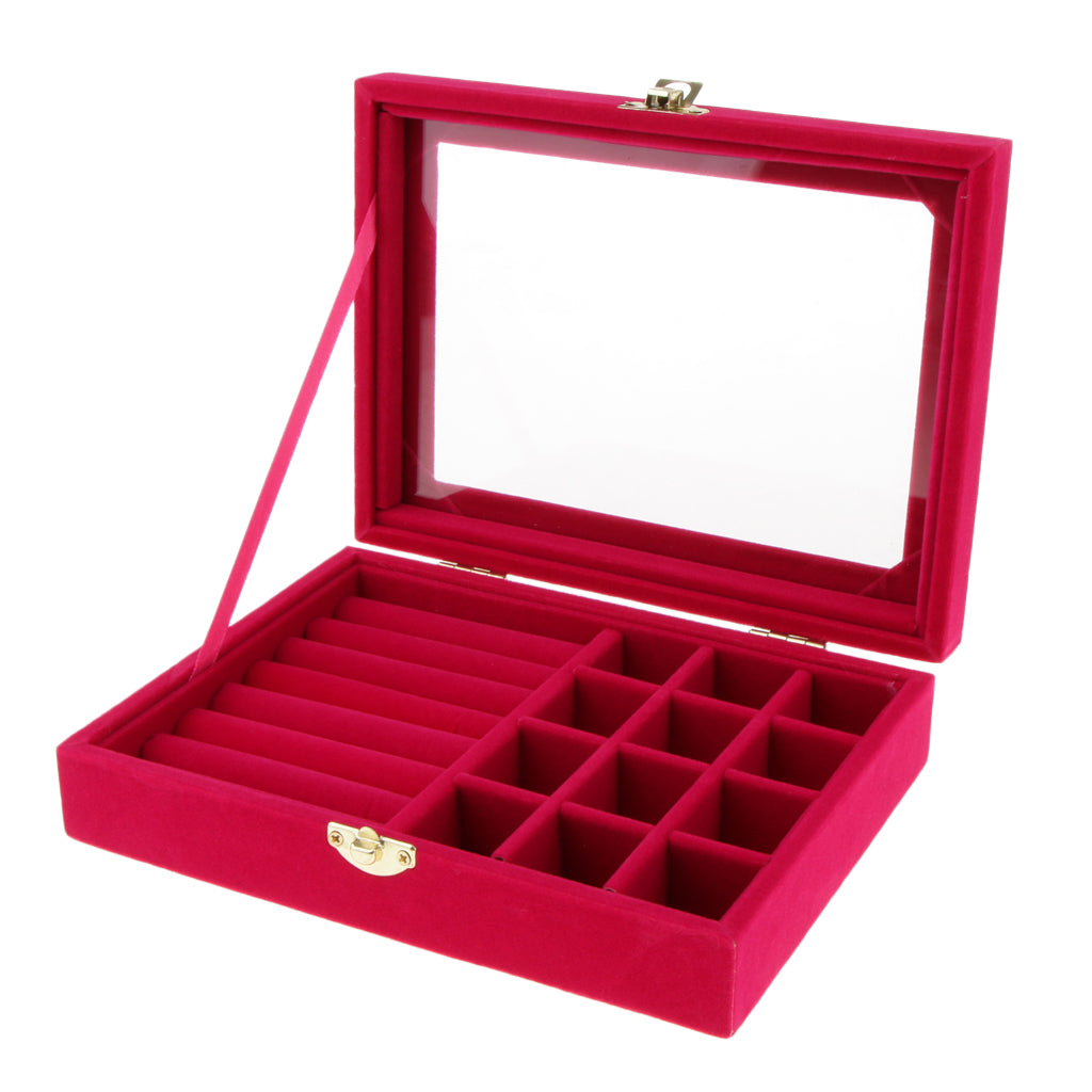 12 Grid and 6 Slot Top Glass Rings Earrings Trinkets Storage Box Rose Red