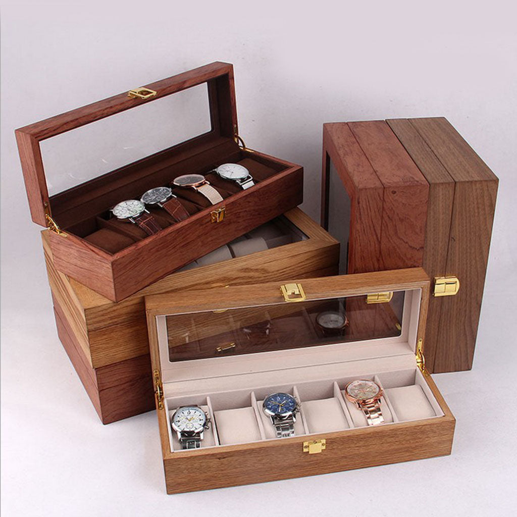 6 Slots Wood Watch Display Box Case Glass Top Locking Storage Organizer A