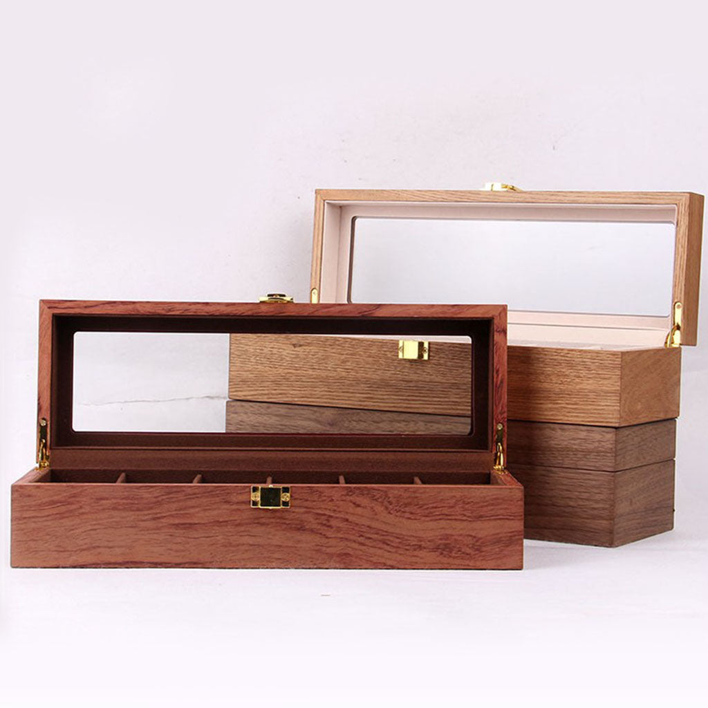 6 Slots Wood Watch Display Box Case Glass Top Locking Storage Organizer A