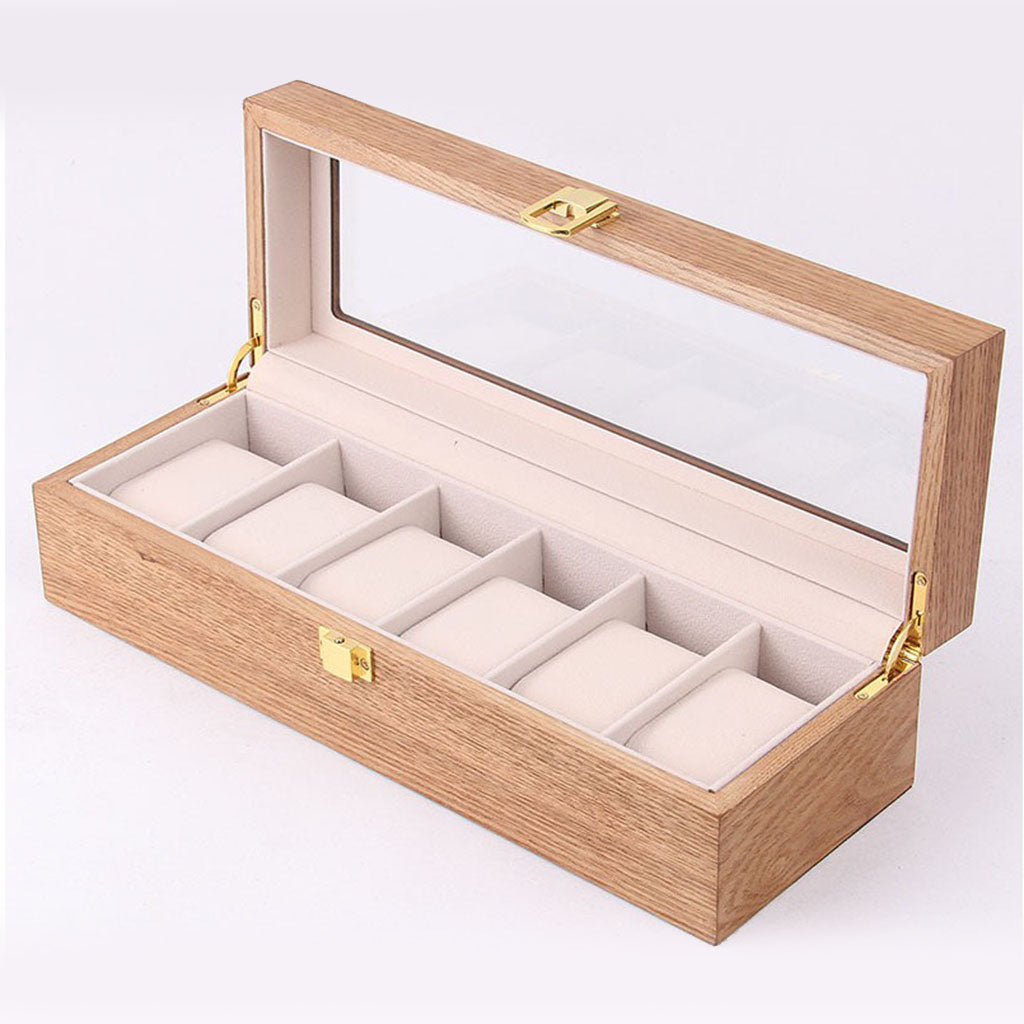 6 Slots Wood Watch Display Box Case Glass Top Locking Storage Organizer A