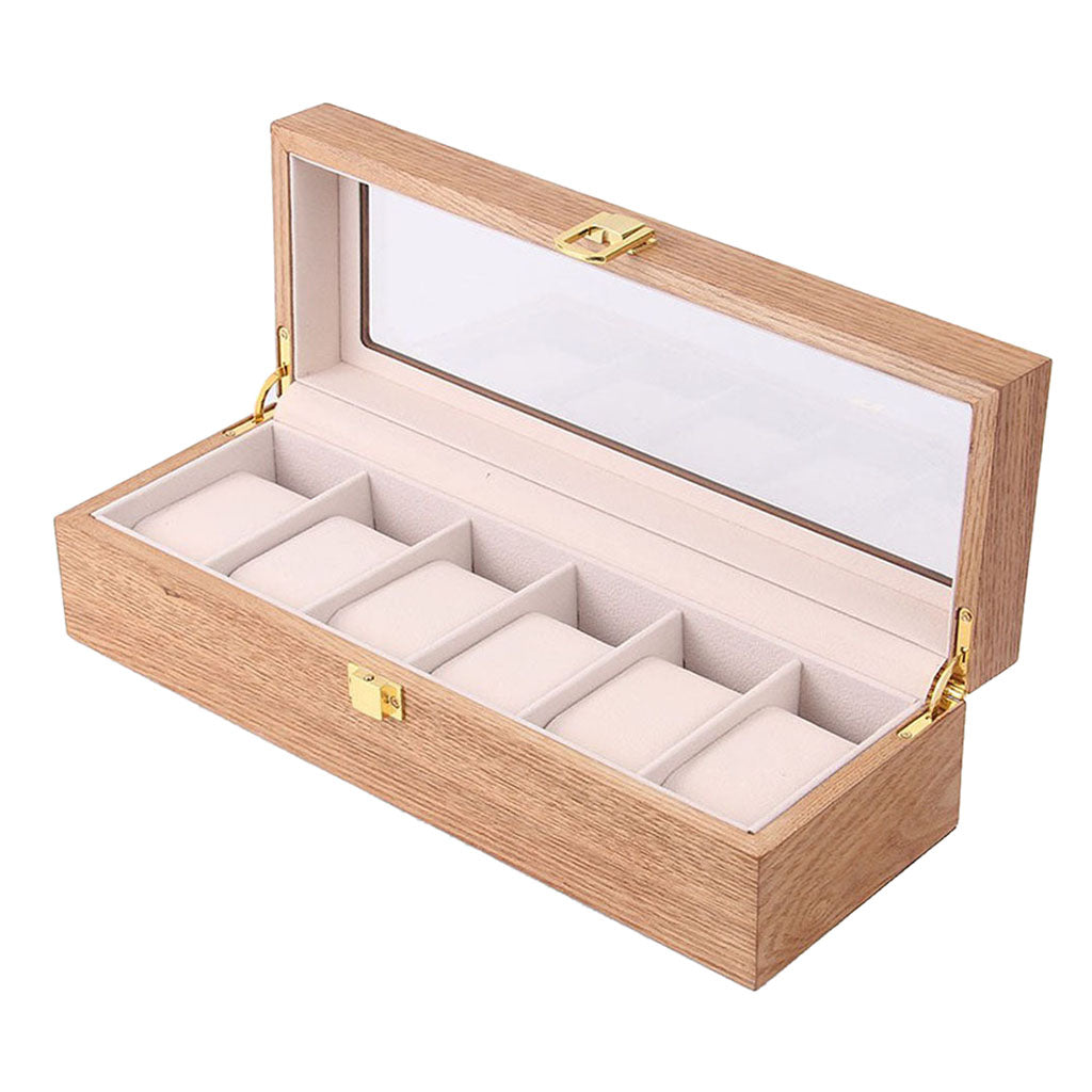 6 Slots Wood Watch Display Box Case Glass Top Locking Storage Organizer A