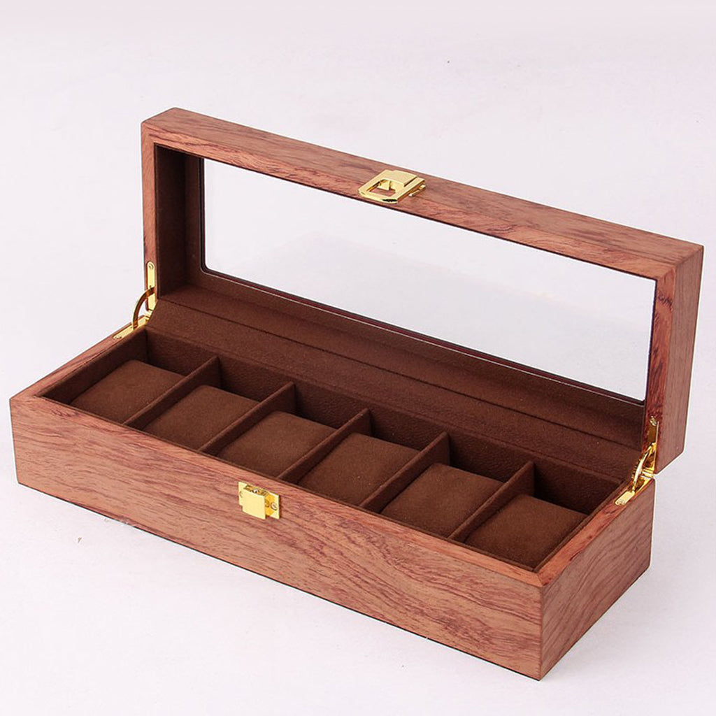 6 Slots Wood Watch Display Box Case Glass Top Locking Storage Organizer C