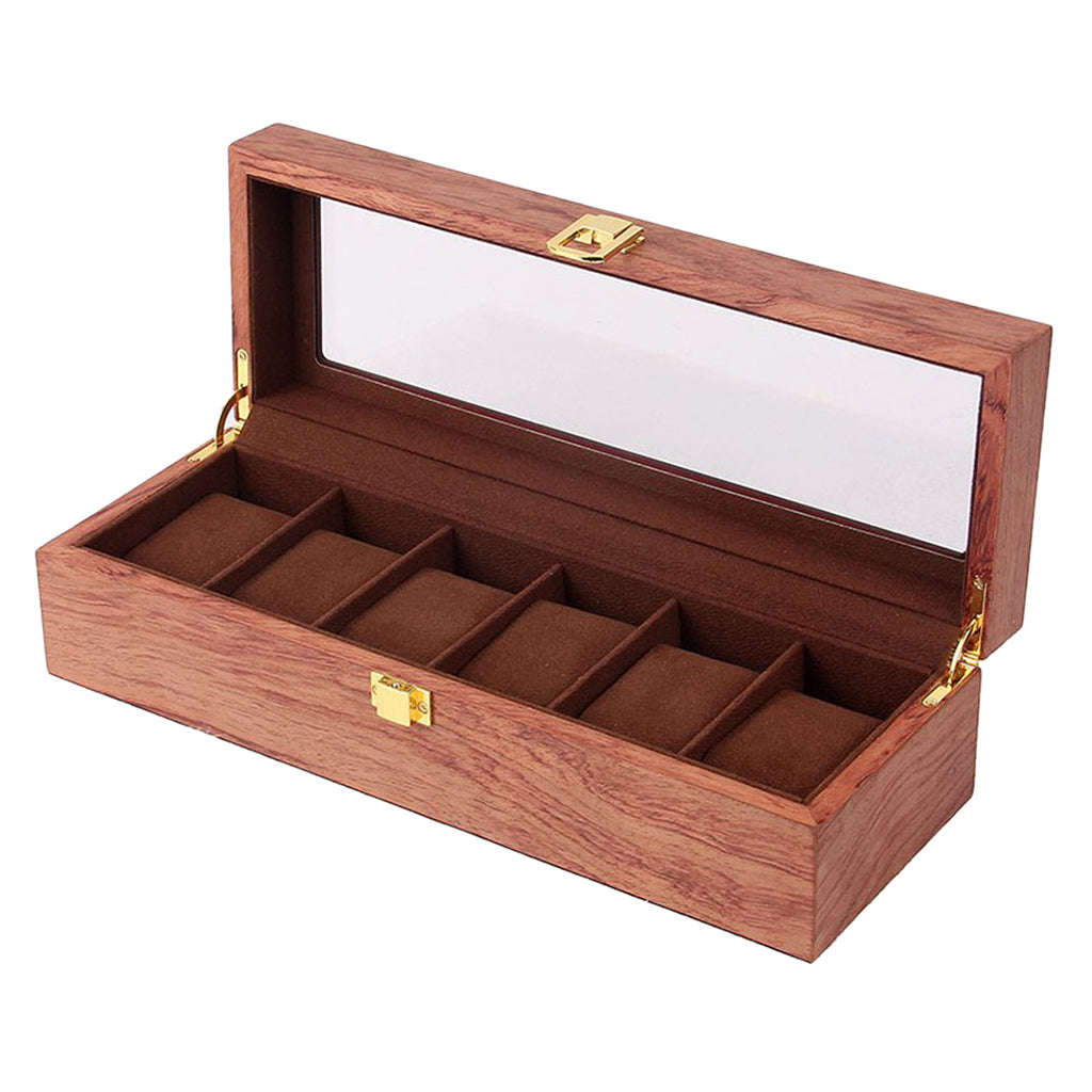 6 Slots Wood Watch Display Box Case Glass Top Locking Storage Organizer C