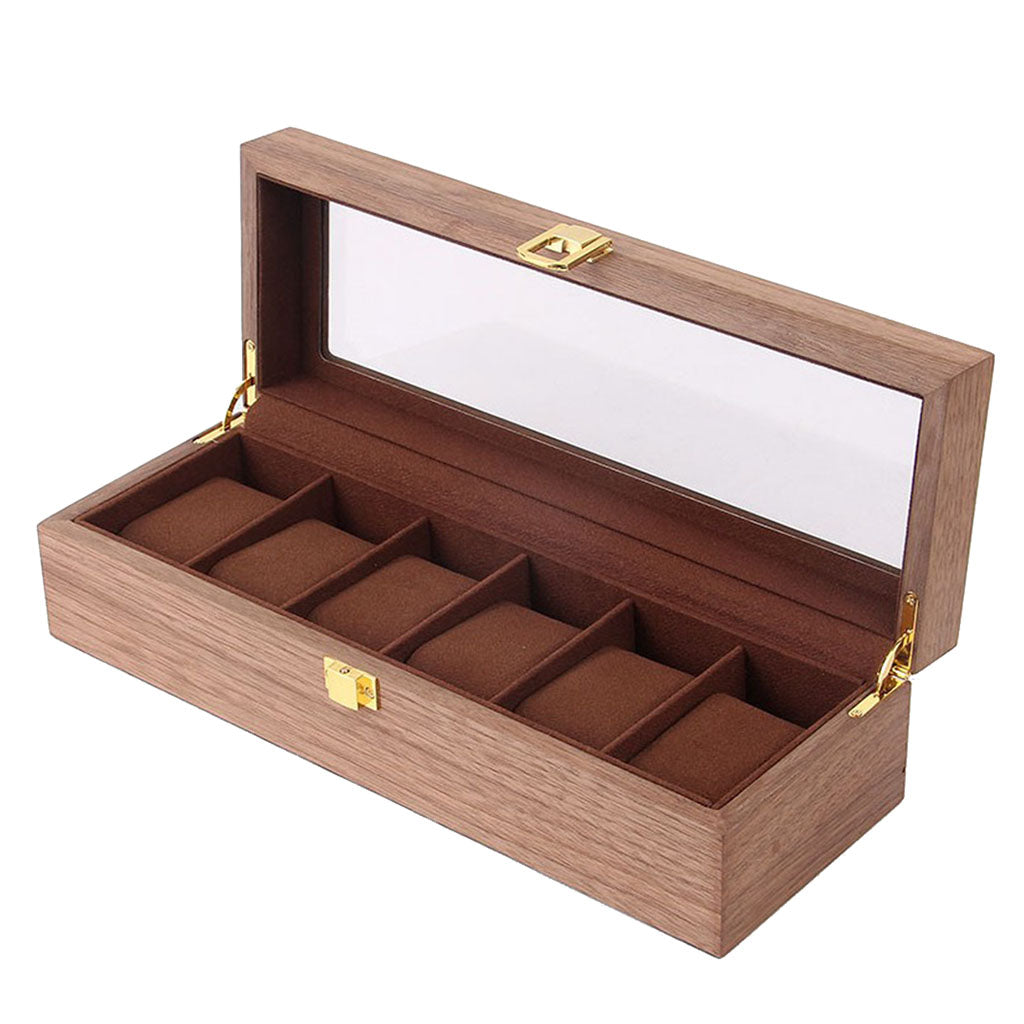 6 Slots Wood Watch Display Box Case Glass Top Locking Storage Organizer B