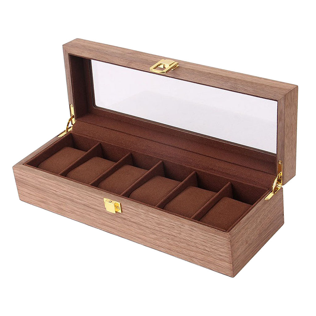 6 Slots Wood Watch Display Box Case Glass Top Locking Storage Organizer B