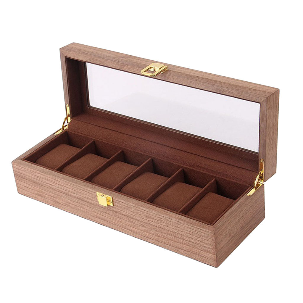 6 Slots Wood Watch Display Box Case Glass Top Locking Storage Organizer B