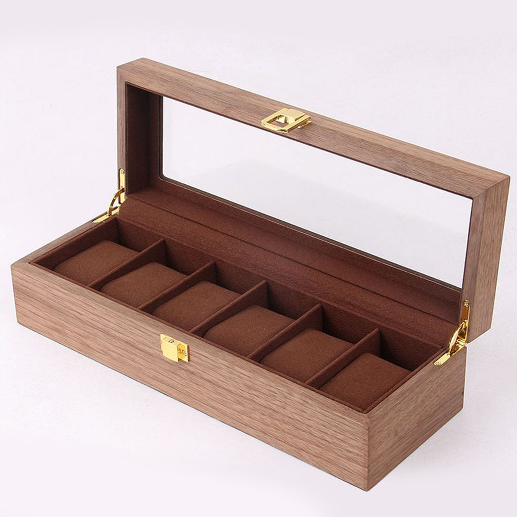 6 Slots Wood Watch Display Box Case Glass Top Locking Storage Organizer B