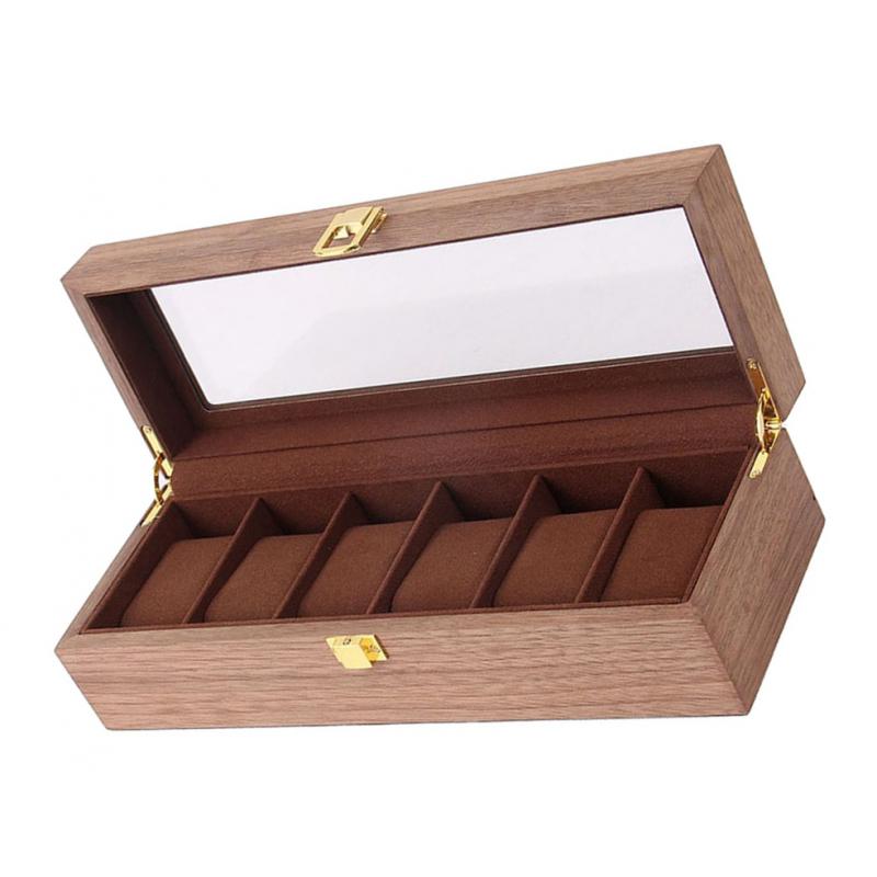 6 Slots Wood Watch Display Box Case Glass Top Locking Storage Organizer B