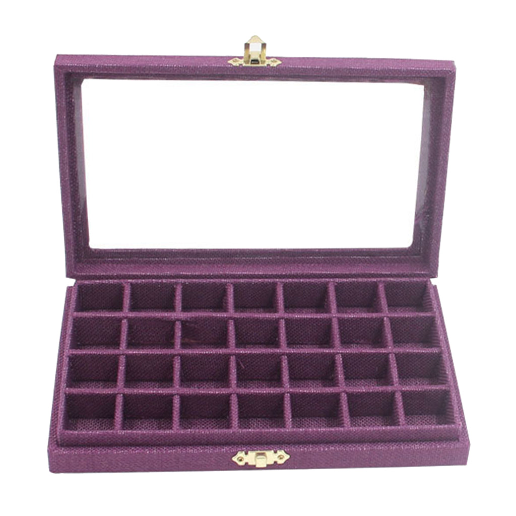 28 Grids Clear Jewelry Tray Showcase Display Storage Linen Case purple