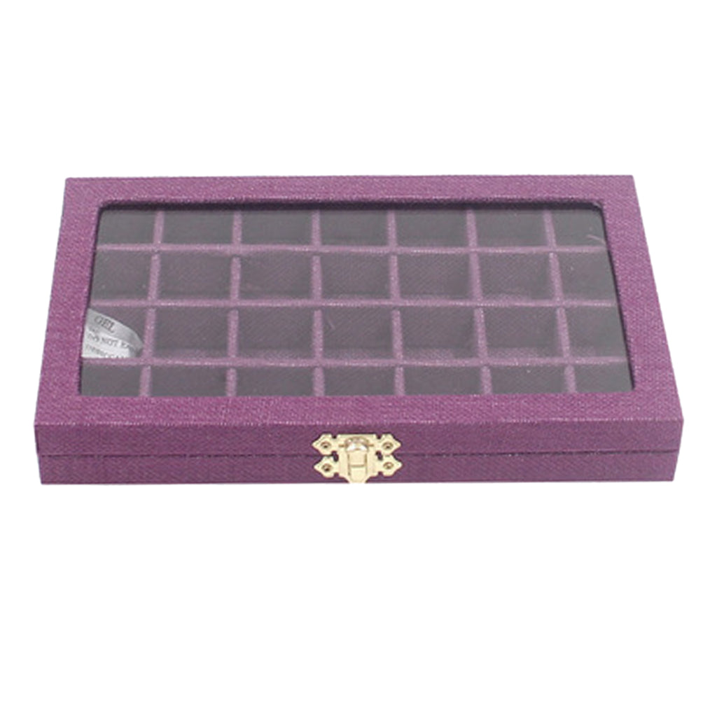 28 Grids Clear Jewelry Tray Showcase Display Storage Linen Case purple