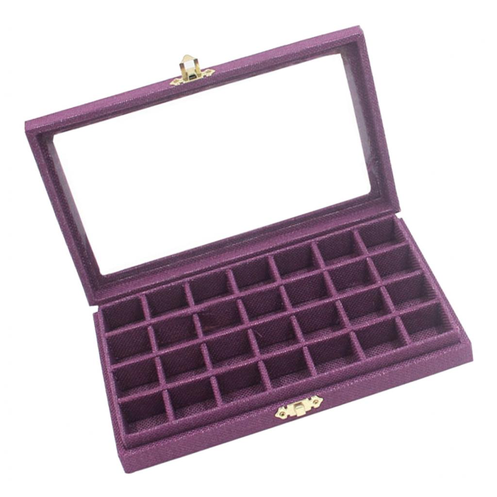 28 Grids Clear Jewelry Tray Showcase Display Storage Linen Case purple