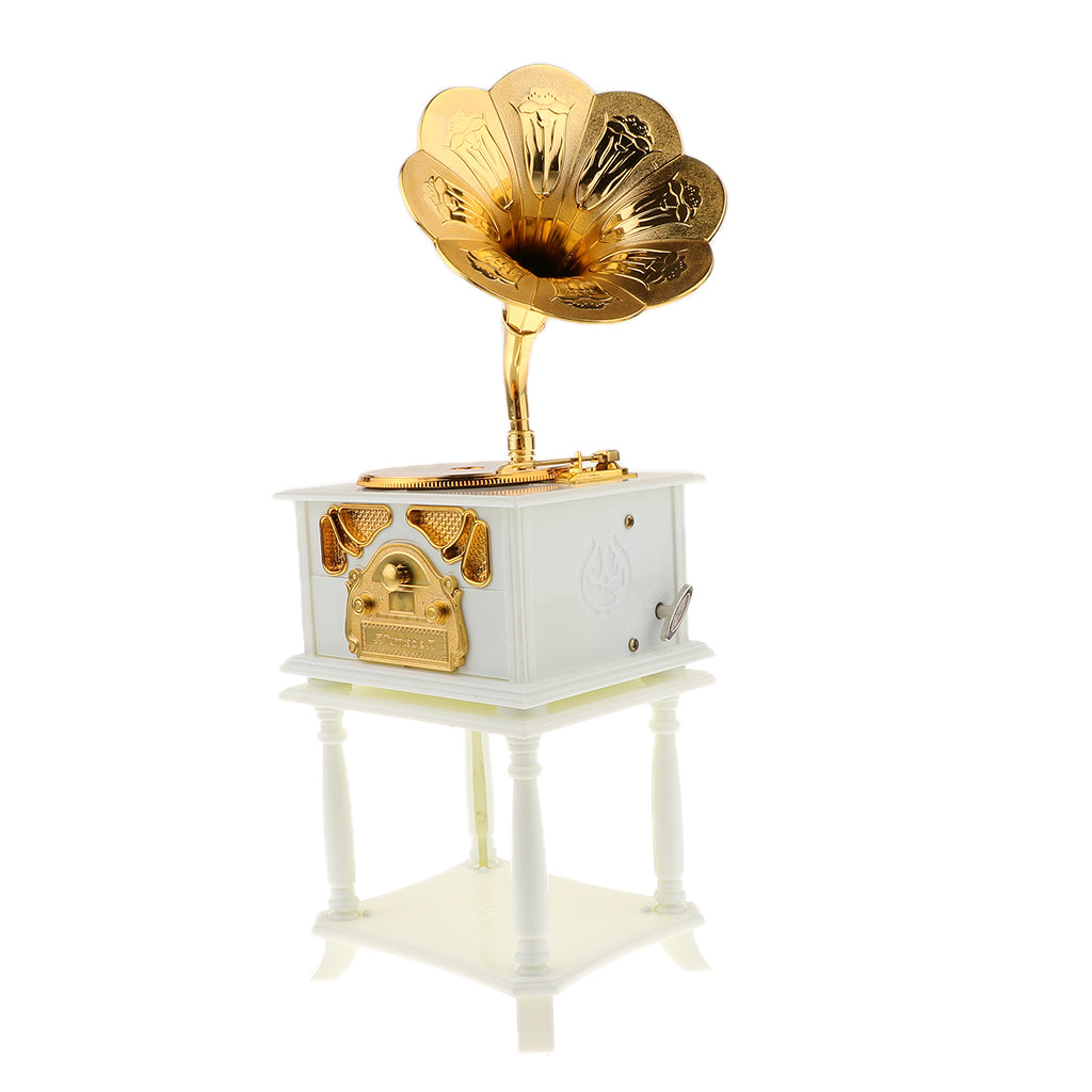 Retro Gramophone Model Music Box Wind Up Phonograph Music Box White