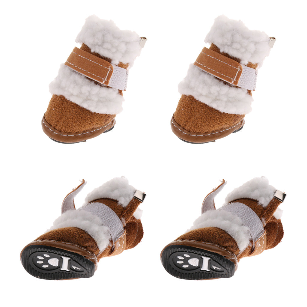 4pcs Winter Pet Dog Shoes Cute Puppy Anti-Slip Soft Fleece Snow Boots Khaki S