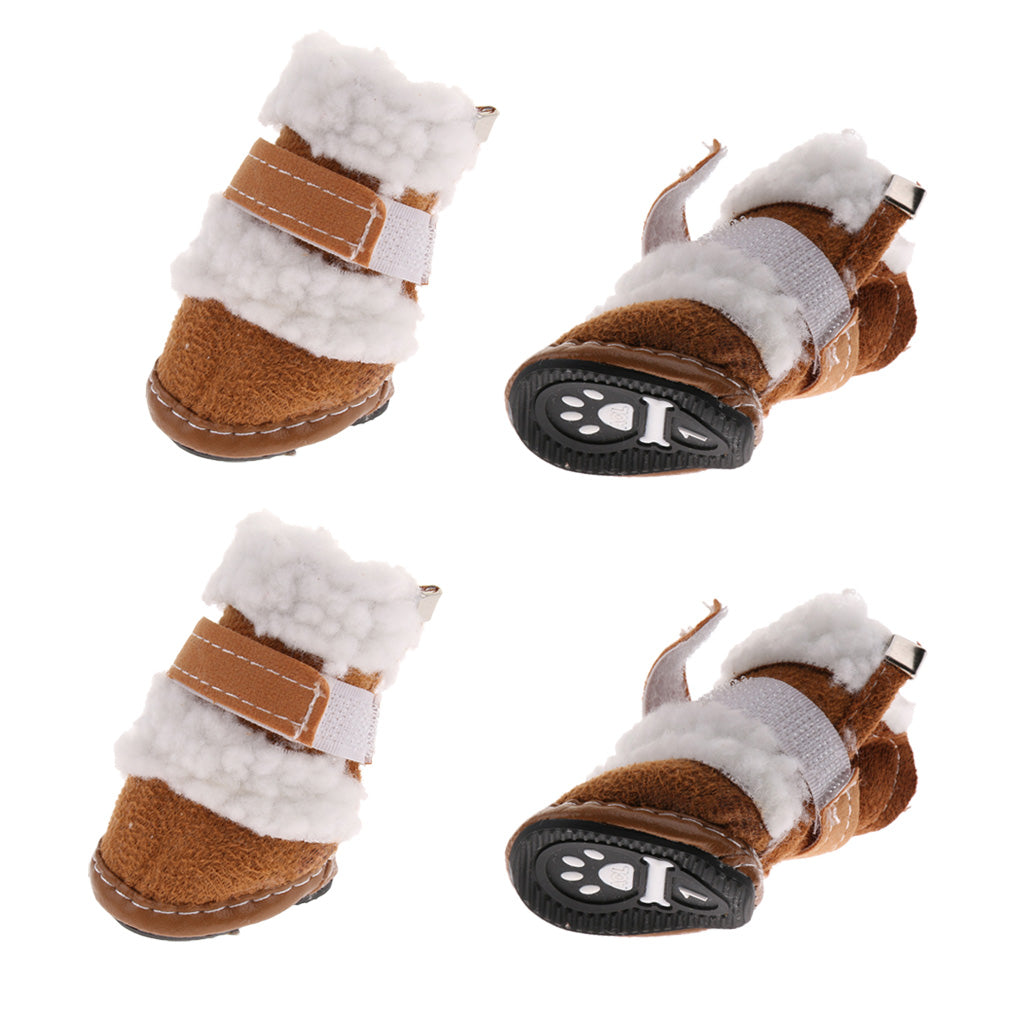 4pcs Winter Pet Dog Shoes Cute Puppy Anti-Slip Soft Fleece Snow Boots Khaki S