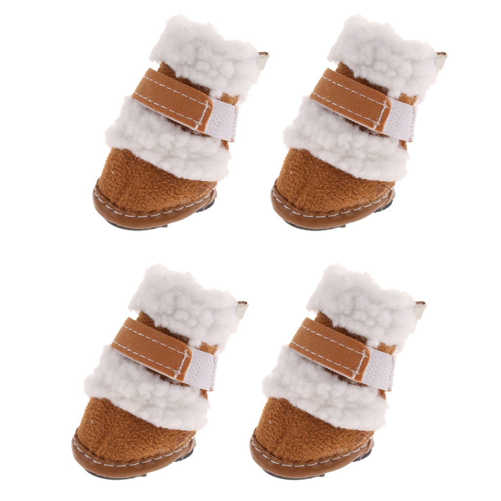 4pcs Winter Pet Dog Shoes Cute Puppy Anti-Slip Soft Fleece Snow Boots Khaki S