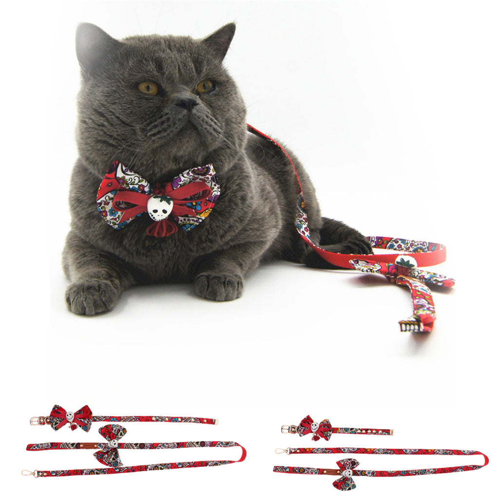 Pet Halloween Skull Collar Necklace and Harness Leash Traction Rope S