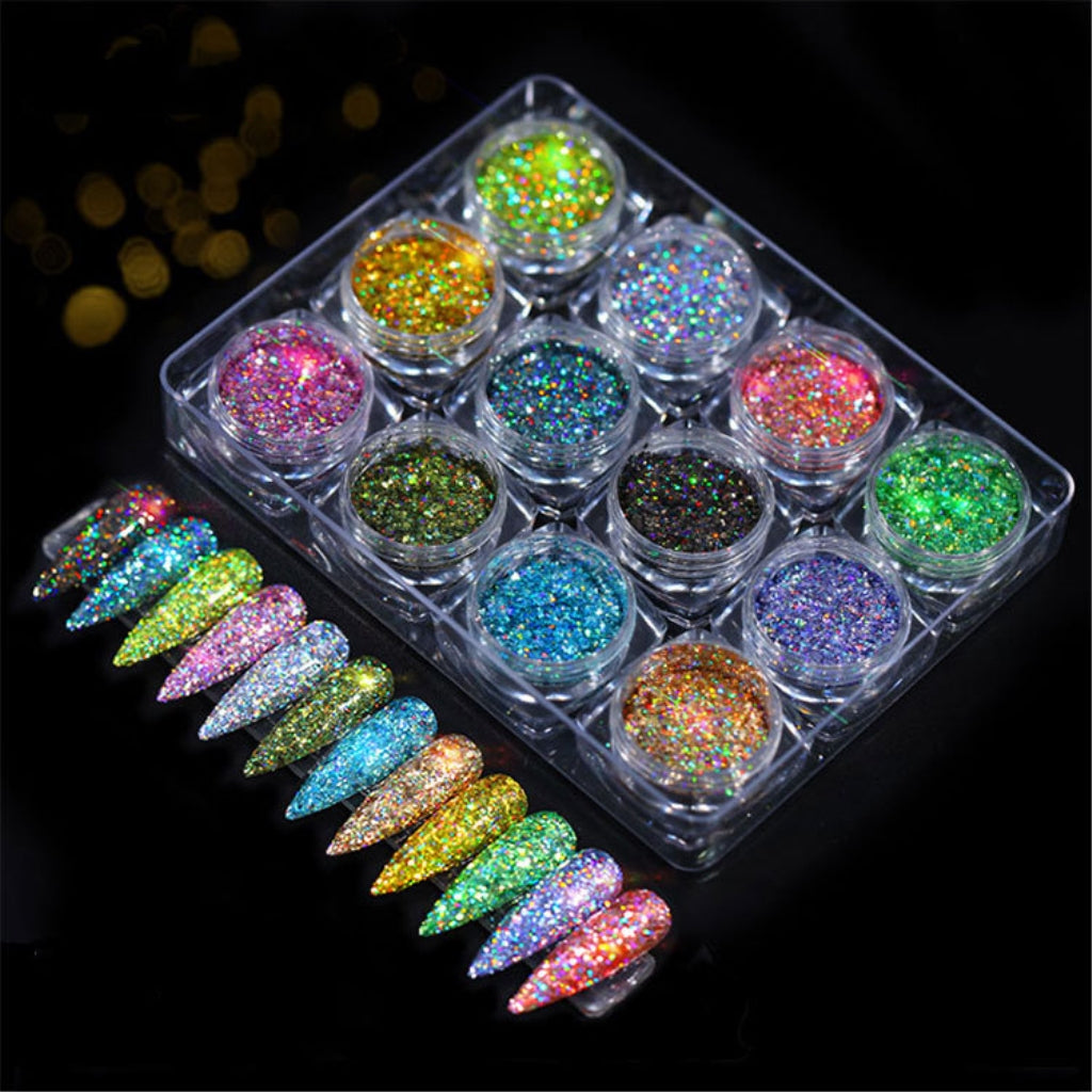 12 Jar Nail Art Glitters Powder Shimmering Manicure Sequins Flakes Paillette