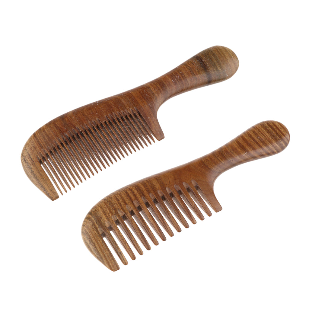 Women Antistatic Natural Green Sandalwood Long Handle Hair Comb Fine Tooth