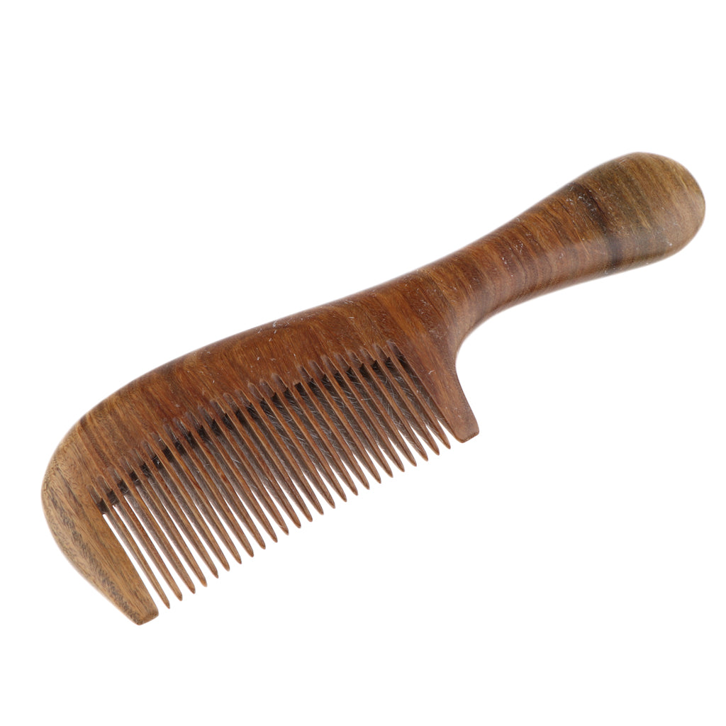 Women Antistatic Natural Green Sandalwood Long Handle Hair Comb Fine Tooth