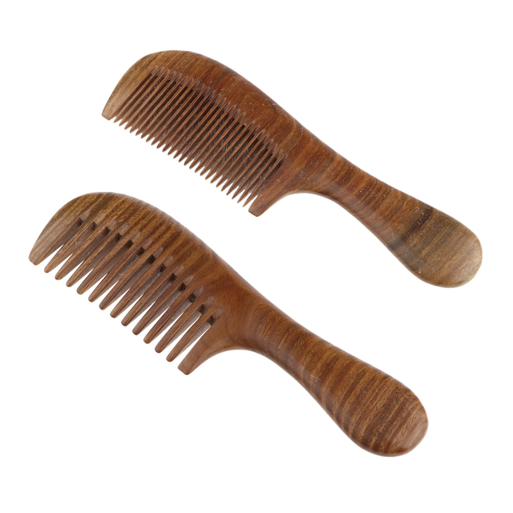 Women Antistatic Natural Green Sandalwood Long Handle Hair Comb Fine Tooth