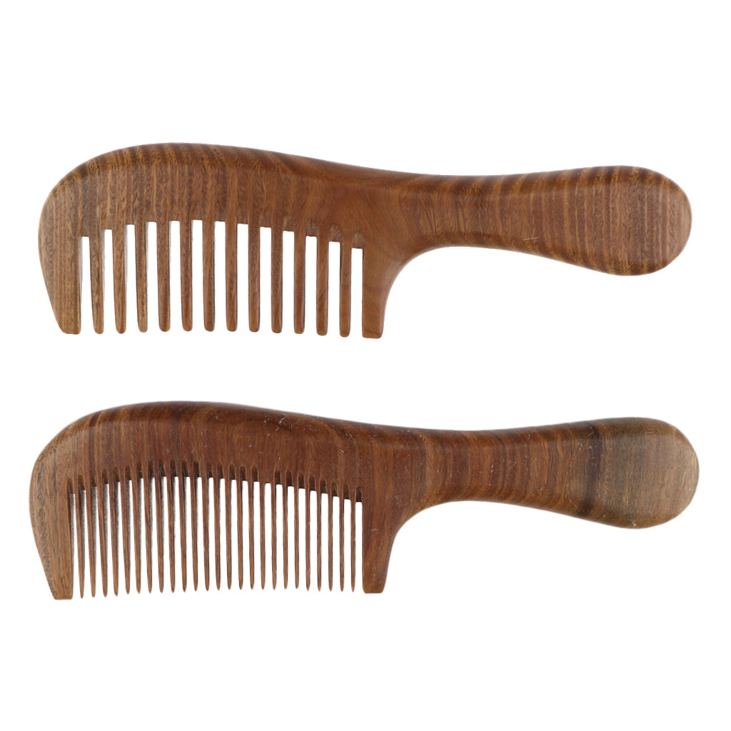 Women Antistatic Natural Green Sandalwood Long Handle Hair Comb Fine Tooth