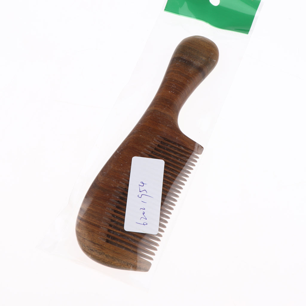 Women Antistatic Natural Green Sandalwood Long Handle Hair Comb Fine Tooth