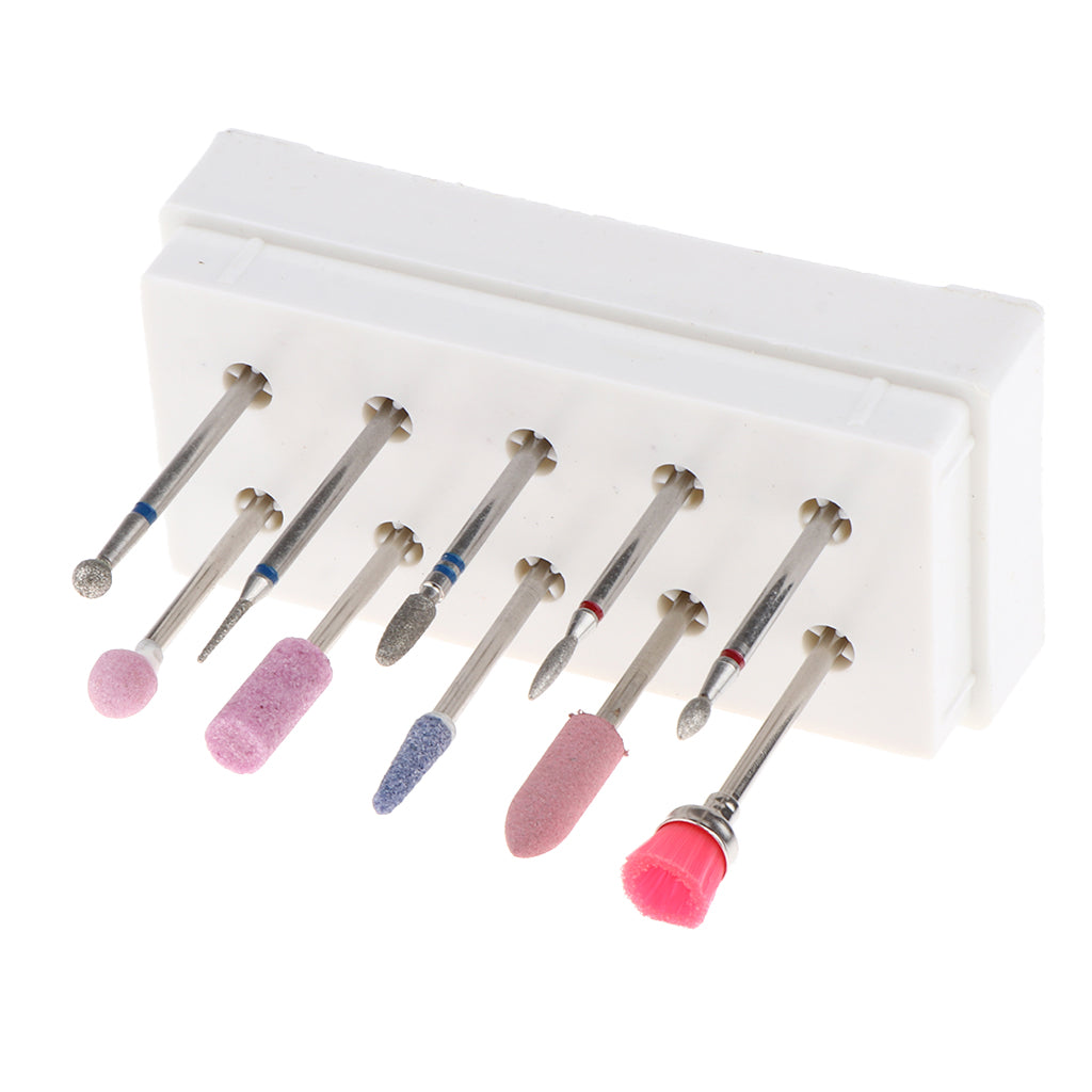 10x Nail Art Drill Bits Brush Set Manicure Polishing Head with Storage Case