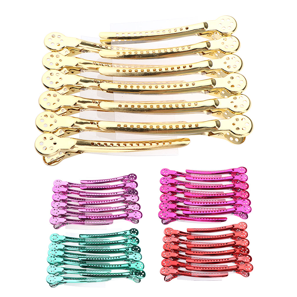 12Pcs Stainless Duck Sectioning Clips Barber Haircut Styling Clamps Rose Red