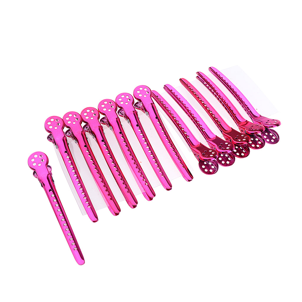 12Pcs Stainless Duck Sectioning Clips Barber Haircut Styling Clamps Rose Red