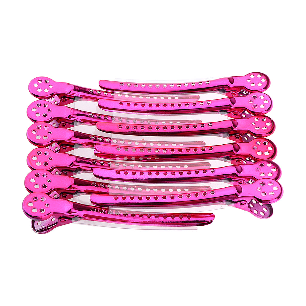 12Pcs Stainless Duck Sectioning Clips Barber Haircut Styling Clamps Rose Red