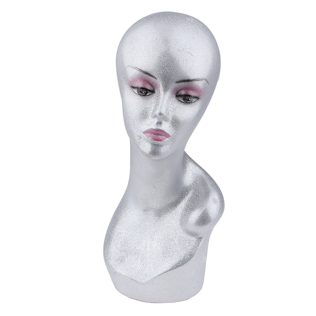 Female Mannequin Head Model Wigs Hat Cap Sunglass Display Metallic Silver