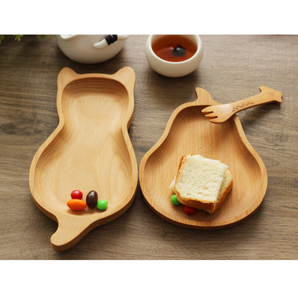 Natural Beech Mini Wood Kids Plate Fruit and Dessert Plate Set 11.5x23cm Cat